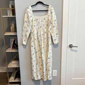 NWT H&M Cream Long Sleeve Milkmaid Dress with Blue Floral Pattern and Slit